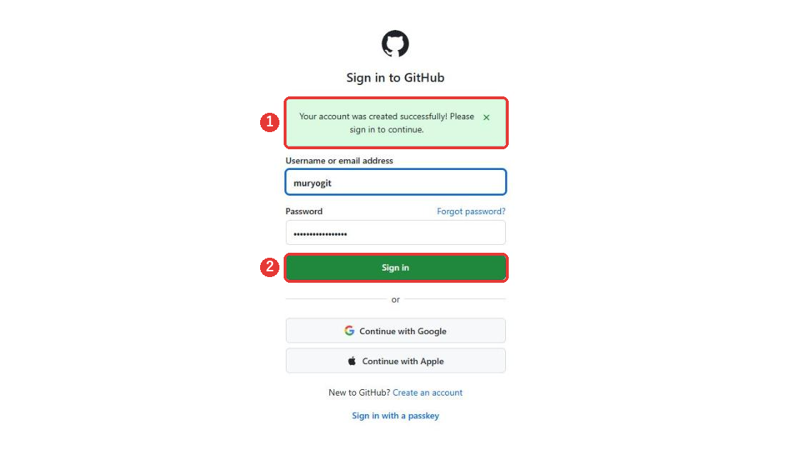 アカウント作成完了を知らせる緑の帯が出ているログイン画面。Sign inのボタンに赤い枠がついている