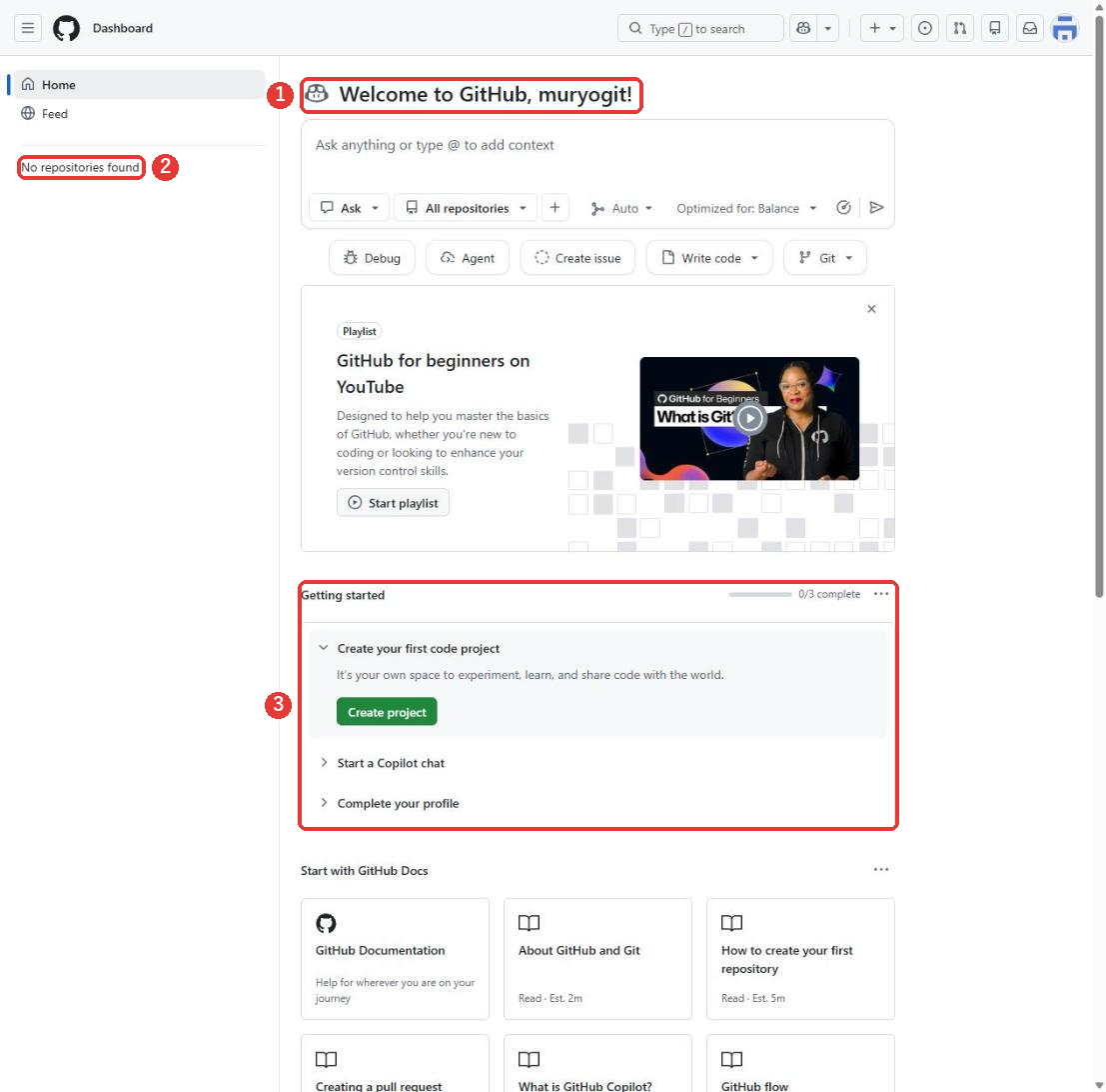 ログイン後のDashboardの画面。Welcome to GitHubの文字、No repositories found、Getting startedの枠に赤い枠と番号がついている