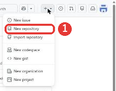 GitHubの右上の+ボタンを押したメニュー。New issue、New repository、Import repository、New codespace、New gist、New organization、New projectが並び、New repositoryに赤い枠がついている
