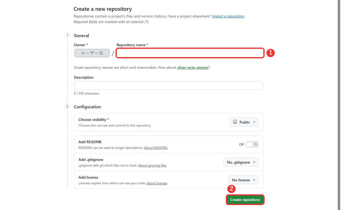 Create a new repositoryの画面。上にOwnerとRepository nameの欄があり、Repository nameの欄に赤い枠がついている。下のChoose visibilityはPublic、Add READMEはOffで、右下に緑のCreate repositoryのボタンがあり赤い枠がついている。オーナー名は隠している