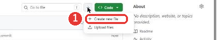 ファイル一覧の上の+ボタンを押したメニュー。Create new fileとUpload filesの2つがあり、Create new fileに赤い枠がついている