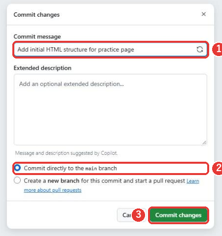Commit changesの窓。Commit messageの欄に英語の案が入り、赤い枠がついている。下に、Commit directly to the main branchが選ばれていて、赤い枠がついている。右下に緑のCommit changesのボタンがあり、赤い枠がついている
