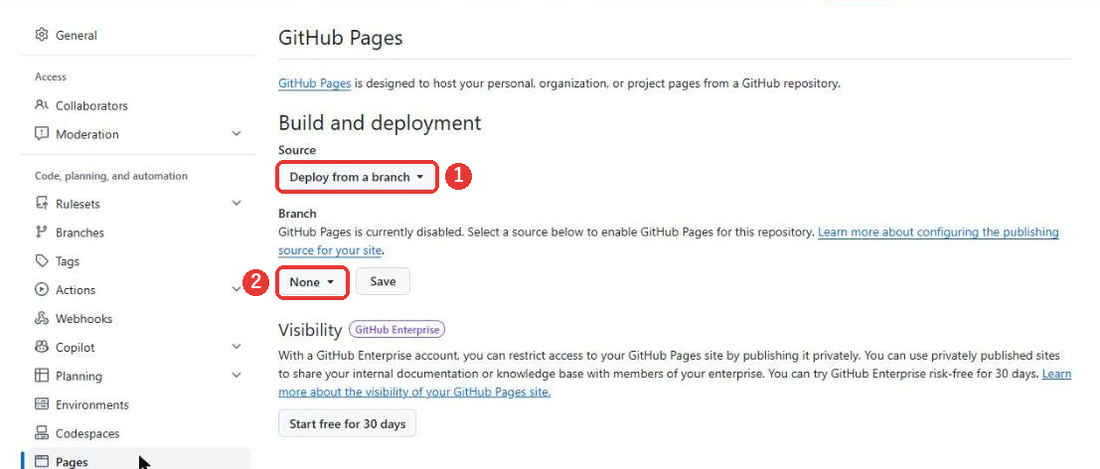 GitHub Pagesの設定の画面。Build and deploymentのSourceにDeploy from a branchが選ばれていて、赤い枠がついている。その下のBranchの欄に、GitHub Pages is currently disabled.と出ていて、Noneのボタンに赤い枠がついている。ユーザー名は隠している