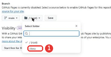 Select folderのメニュー。/ (root)にチェックが付いている。その下に/docsがあり、赤い枠がついている