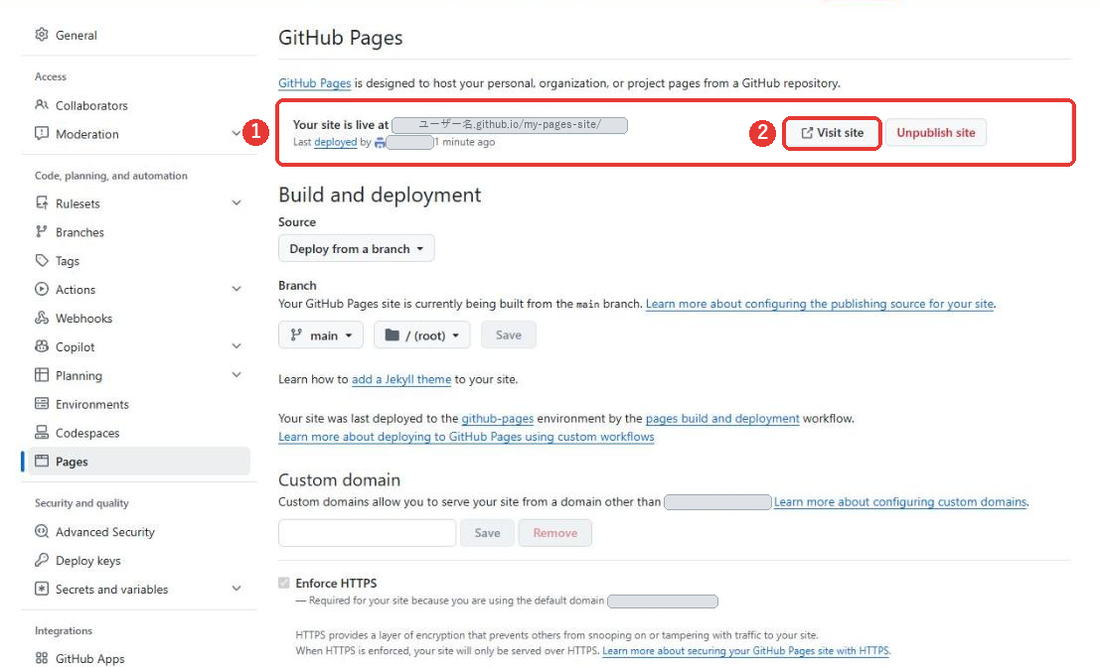 GitHub Pagesの設定の画面。上の枠に、Your site is live atの文字と、サイトのURLが出ている。URLは隠している。右にVisit siteのボタンと、赤い文字のUnpublish siteのボタンがある。枠全体と、Visit siteのボタンに赤い枠がついている