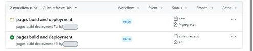 Actionsの一覧。上の行のpages build and deploymentは、黄色の丸の印で、nowとIn progressと出ている。下の行は緑のチェックで、2 minutes agoと出ている