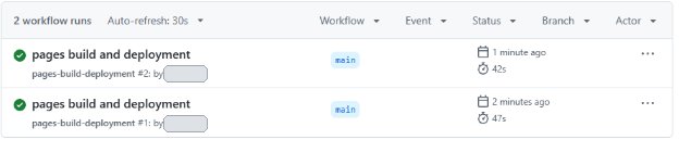 Actionsの一覧の拡大。2つのpages build and deploymentの左に、どちらも緑のチェックがある。2回目は1 minute agoと42s、1回目は2 minutes agoと47sと出ている