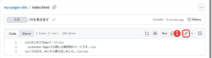 index.htmlを開いた画面。上にファイル名と、最後のコミットの表示がある。下にコードの欄があり、右上にRaw、コピー、えんぴつのマークが並ぶ。えんぴつのマークに赤い枠がついている。ユーザー名は隠している