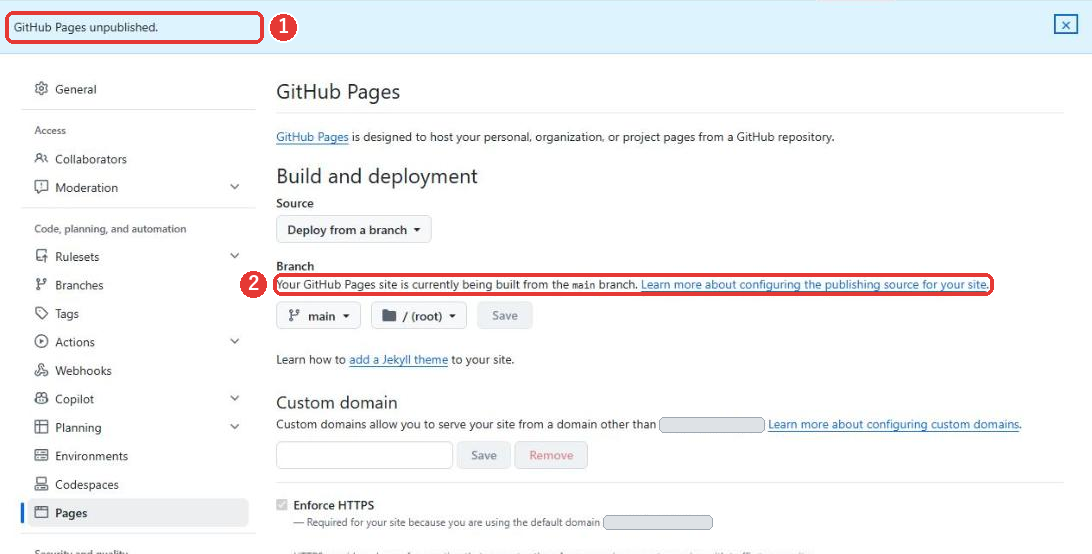 Unpublish site を押したあとのPagesの設定の画面。上の水色の帯にGitHub Pages unpublished.と出ていて、赤い枠がついている。下のBranchの説明は、Your GitHub Pages site is currently being built from the main branch.のままで、赤い枠がついている