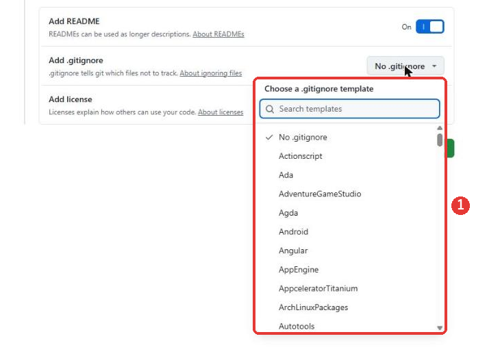 Add .gitignoreを押して開いた一覧。上に検索欄があり、No .gitignoreにチェックが入り、ActionscriptやAdaなどのひな形の名前が並んでいる