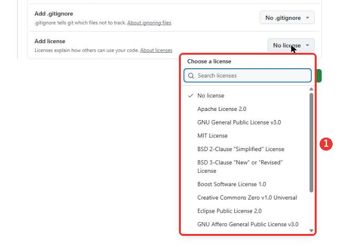 Add licenseを押して開いた一覧。上に検索欄があり、No licenseにチェックが入り、Apache License 2.0、GNU General Public License v3.0、MIT Licenseなどが並んでいる