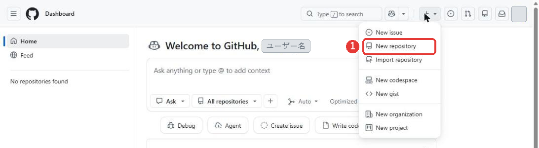 プラスのボタンを押して開いたメニュー。New issue、New repository、Import repositoryなどが並び、New repositoryに赤い枠がついている
