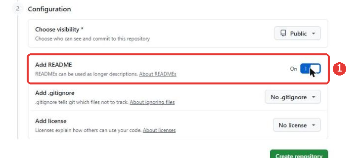 Add READMEの切り替えがオンになっている画面。READMEは、長い説明として使える、と書かれている