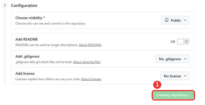 作成画面の下の部分。Add READMEがOff、.gitignoreがNo .gitignore、licenseがNo licenseのまま。ボタンの表示がCreating repository...に変わり、薄い緑色になっている