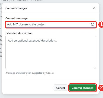 Commit changesの窓。Commit messageにAdd MIT License to the projectと入っている。下にCancelと、緑のCommit changesのボタンがある