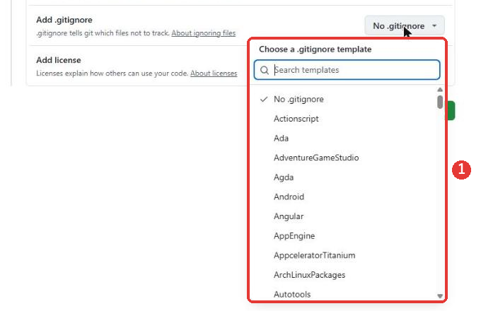 Add .gitignoreを押して開いた一覧。上にSearch templatesの検索欄があり、No .gitignoreにチェックが入り、ActionscriptやAdaなどの名前が並んでいる