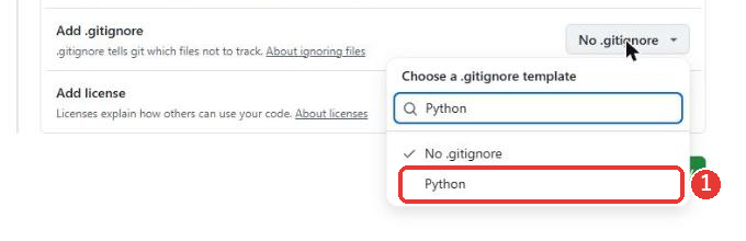 検索欄にPythonと入力した一覧。No .gitignoreとPythonの2つが残り、Pythonに赤い枠がついている