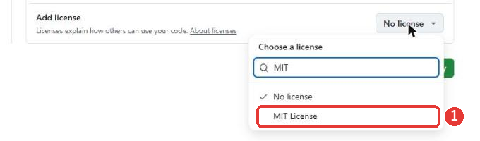 検索欄にMITと入力したライセンスの一覧。No licenseとMIT Licenseの2つが残り、MIT Licenseに赤い枠がついている