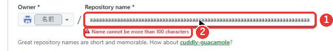 作成画面のRepository nameの欄にaを101文字入力した画面。欄が赤くなり、下にName cannot be more than 100 charactersという赤い文が出ている