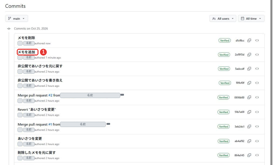 Commitsの画面。新しい順に、メモを削除、メモを追加、非公開であいさつを元に戻す、非公開であいさつを書き換え、Merge pull request、Revertなどのコミットが並ぶ。メモを追加に赤い枠がついている