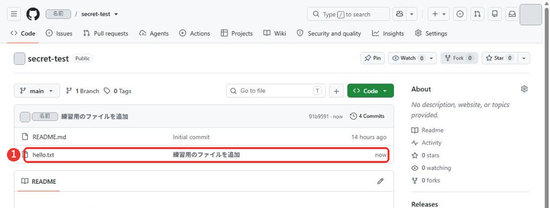 リポジトリのトップ。ファイルの一覧にREADME.mdとhello.txtが並び、hello.txtの行に、練習用のファイルを追加と出ている。コミットの数は4 Commits。hello.txtの行に赤い枠がついている
