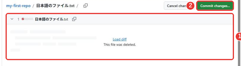 削除の確認の画面。This file was deleted.の表示と、右上のCommit changes...のボタンに赤い枠がついている