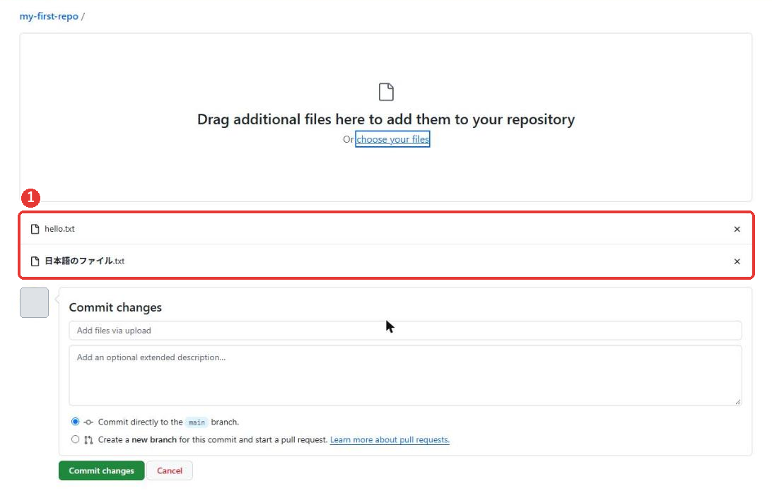 ファイルを選んだあとの画面。枠の文字がDrag additional files hereに変わり、下にhello.txtと日本語のファイル.txtの2つが並んでいる