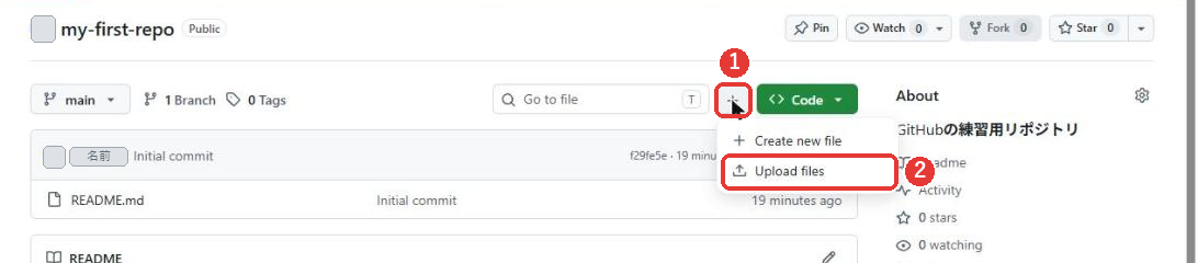 プラスのボタンを押して開いたメニュー。Create new fileとUpload filesの2つがあり、Upload filesに赤い枠がついている