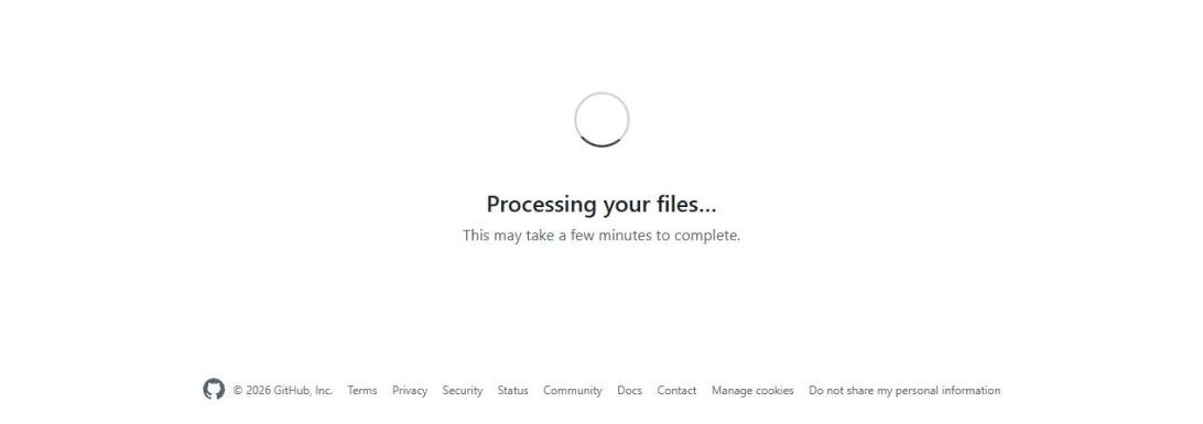 Processing your files...という表示と、数分かかることがある、という説明が出ている画面
