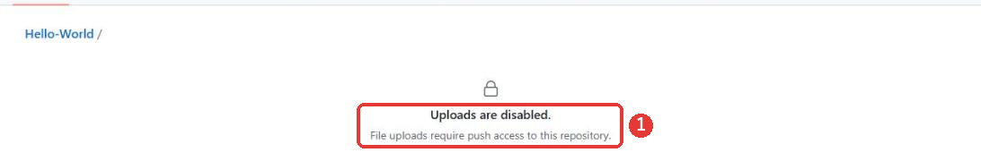 他の人のリポジトリで、Upload filesを選んだあとの画面。鍵の印の下に、Uploads are disabled.と、File uploads require push access to this repository.という文が出ている