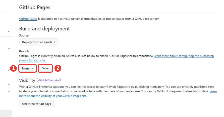 GitHub Pagesの設定。Branchの欄に、Noneのボタンと、Saveのボタンがある