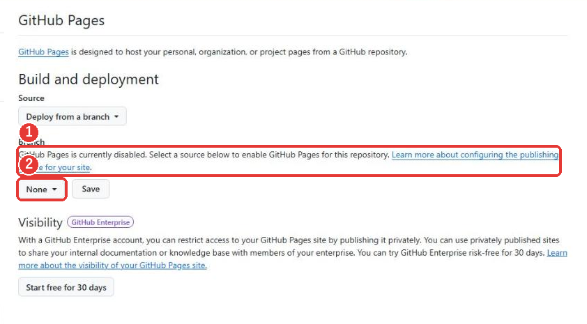 GitHub Pagesの設定。GitHub Pages is currently disabled.という説明と、Branchの欄にNoneのボタンがある