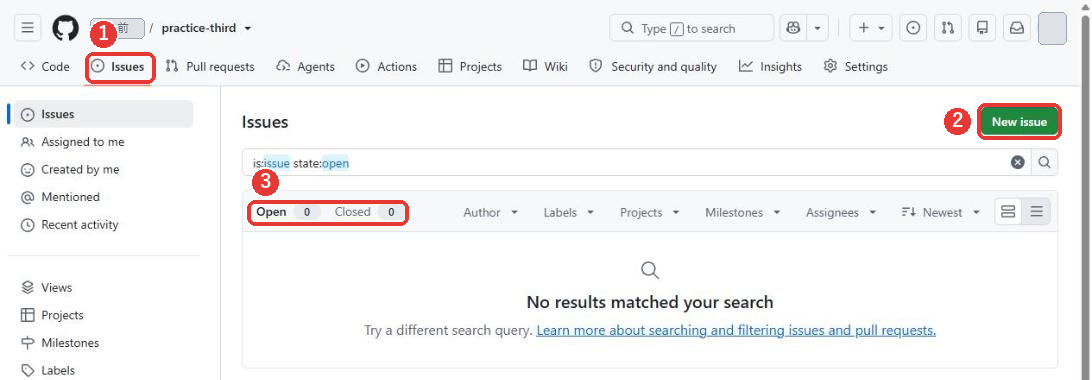 リポジトリのIssuesの画面。上のタブのIssuesが選ばれている。右上に緑のNew issueのボタン、Open 0とClosed 0の切り替え、下にNo results matched your searchという表示が出ている